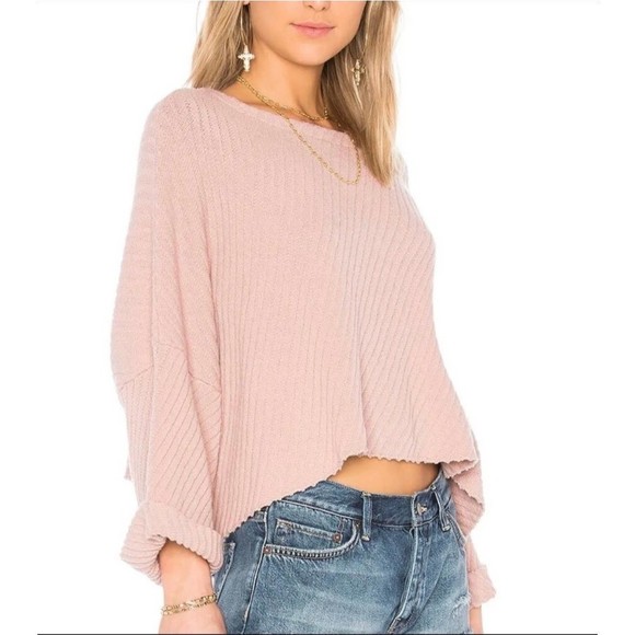 Free People Pink I Can’t Wait Cropped Cuff Oversized Sweater Rose Pink Women's L - Picture 1 of 15